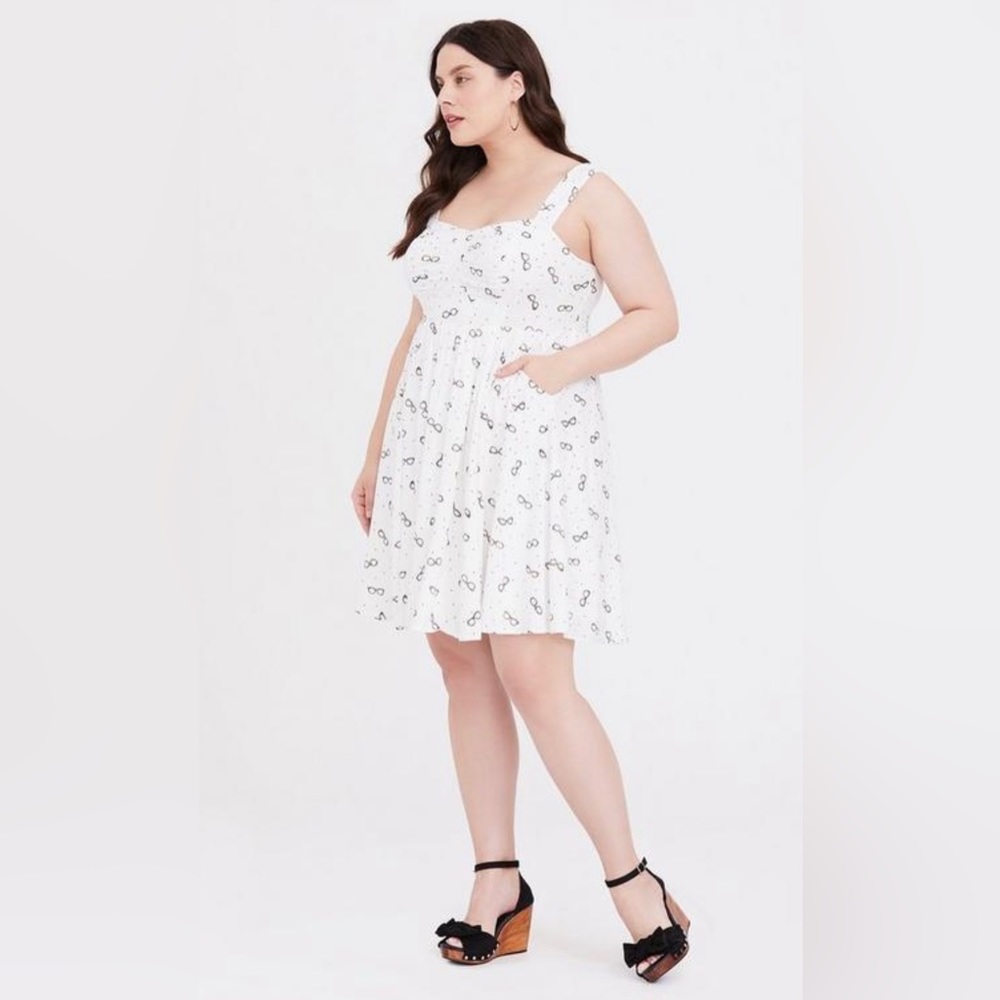 Torrid Leopard Glasses & Polka Dot Print Mini Challis Skater Dress BNWT Kitsch